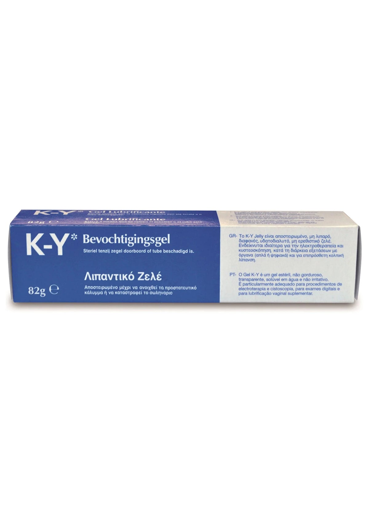 K-Y glijgel 82 g: kartonnen doos met blauwe en witte bedrukking
