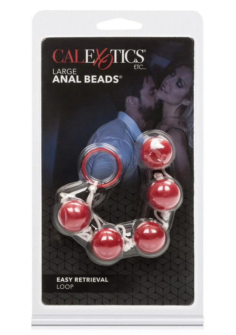 CalExotics large anal beads in clear plastic packaging with red beads and retrieval loop