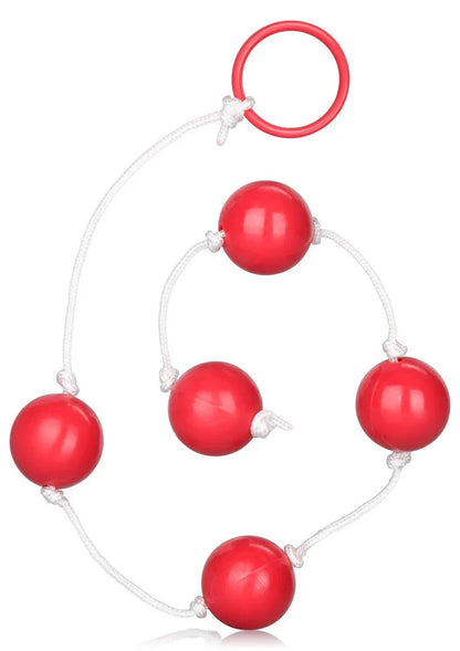 Red large anal beads with white string and ring on white background