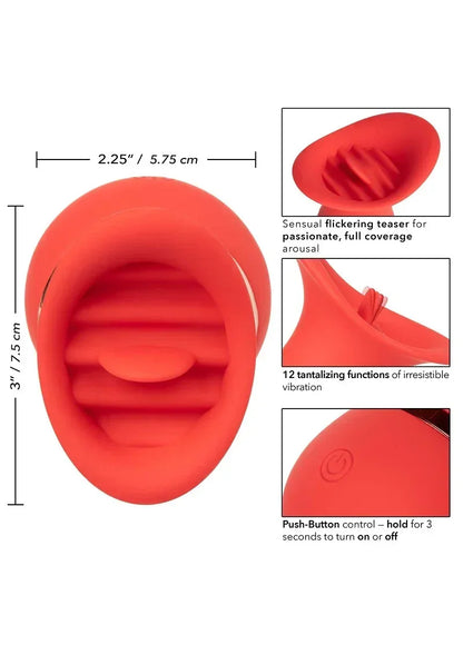 Rode teaser-vibrator met schijfkop en geribbelde opening; afmetingen in beeld