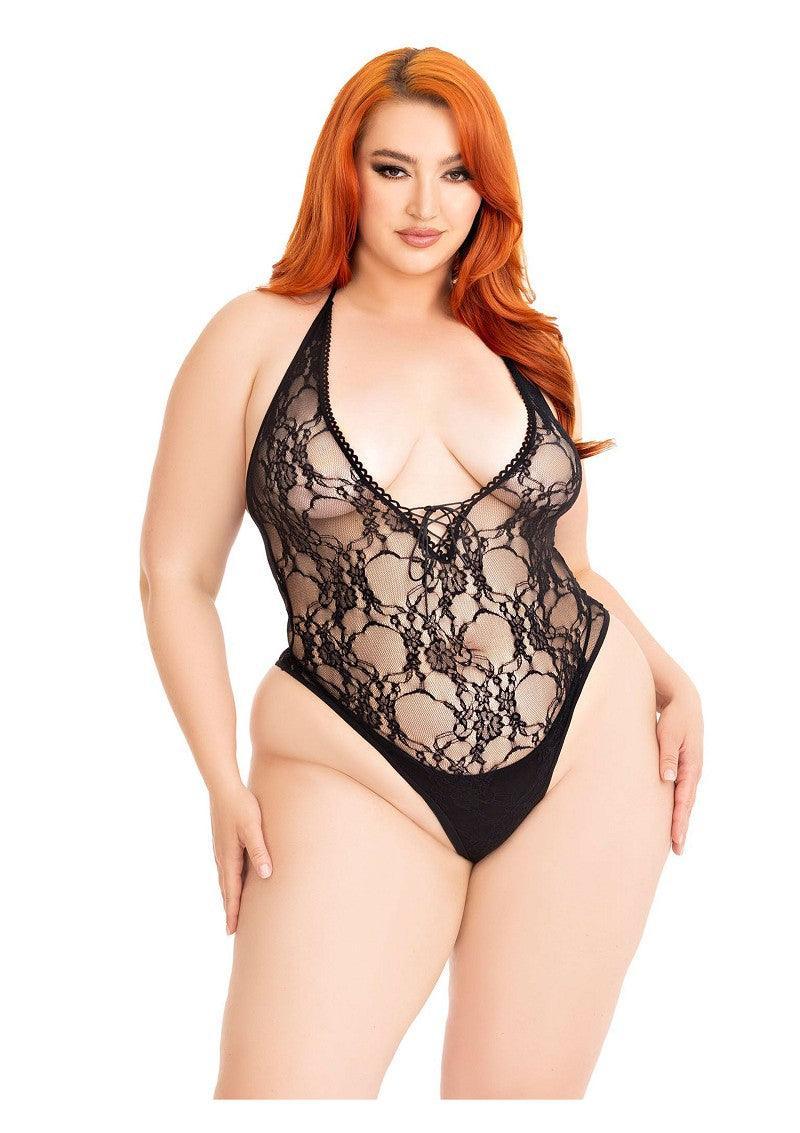 Floral lace deep-V teddy + by Leg Avenue - Happytoys Sexshop: Toys for Feeling Happy & Easy 😊 - Discreet geleverd