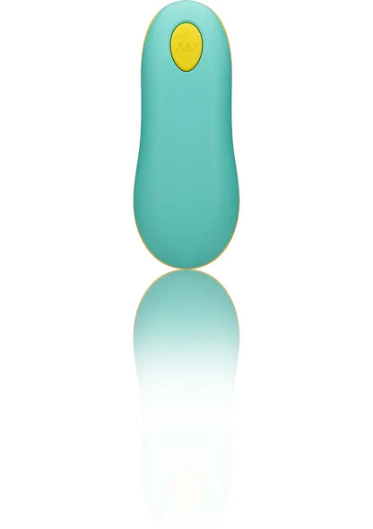 Teal ovale vibratortip met gele knop, achteraanzicht