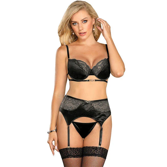 SUBBLIME - SET OF 3 PIECES BRA + THONG + LACE GARTER BLACK S/M - Happytoys Sexshop: online sex shop for Feeling Happy & Easy 😊 - Discreet geleverd