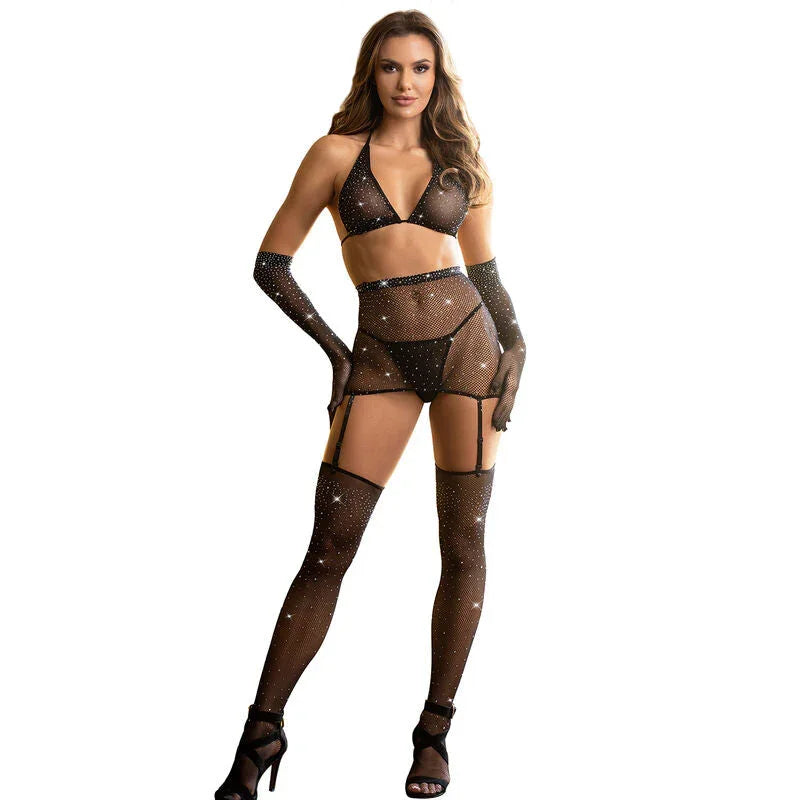 SUBBLIME - 952174 FISHNET BODYSTOCKING WITH GLOVES AND DIAMONDS BLACK ONE SIZE - Happytoys Sexshop: online sex shop for Feeling Happy & Easy 😊 - Discreet geleverd