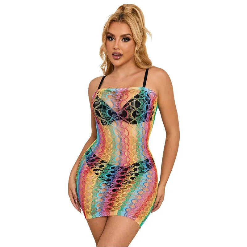 SUBBLIME - 952365 RAINBOW BARE SHOULDER FISHNET DRESS ONE SIZE - Happytoys Sexshop: online sex shop for Feeling Happy & Easy 😊 - Discreet geleverd