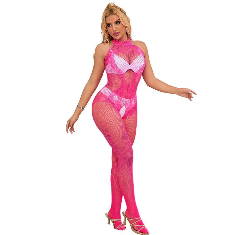 SUBBLIME - 952389 FISHNET AND LACE CROTCHLESS BODYSTOCKING WITH HIGH NECK PINK ONE SIZE - Happytoys Sexshop: online sex shop for Feeling Happy & Easy 😊 - Discreet geleverd
