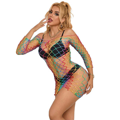 SUBBLIME - 952426 RAINBOW LONG SLEEVE FISHNET DRESS ONE SIZE - Happytoys Sexshop: online sex shop for Feeling Happy & Easy 😊 - Discreet geleverd