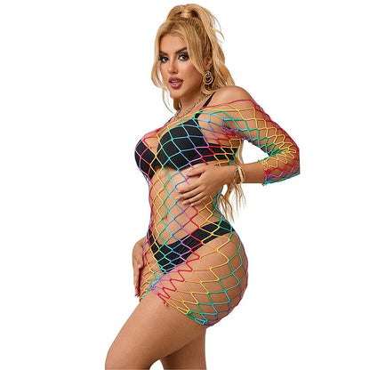 SUBBLIME - 952426 RAINBOW LONG SLEEVE FISHNET DRESS ONE SIZE - Happytoys Sexshop: online sex shop for Feeling Happy & Easy 😊 - Discreet geleverd