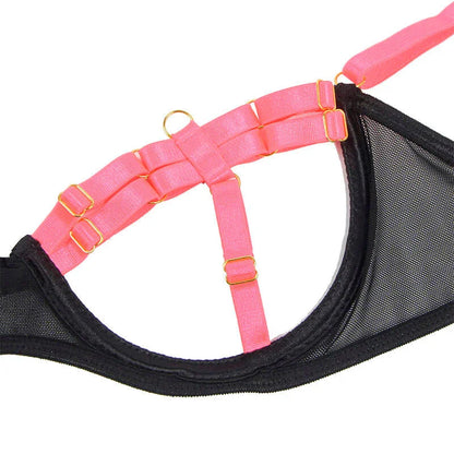 SUBBLIME - 955298 BRA SET WITH NECKLACE AND LEG DETAILS FLUORESCENT PINK S/M - Happytoys Sexshop: online sex shop for Feeling Happy & Easy 😊 - Discreet geleverd
