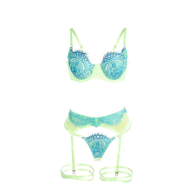 SUBBLIME - 955311 SET OF BRA WITH LACE AND GARTER LINES GREEN AND BLUE S/M - Happytoys Sexshop: online sex shop for Feeling Happy & Easy 😊 - Discreet geleverd