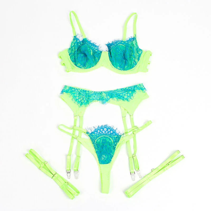 SUBBLIME - 955328 BRA SET WITH LACE AND GARTER LINES GREEN AND BLUE L/XL - Happytoys Sexshop: online sex shop for Feeling Happy & Easy 😊 - Discreet geleverd