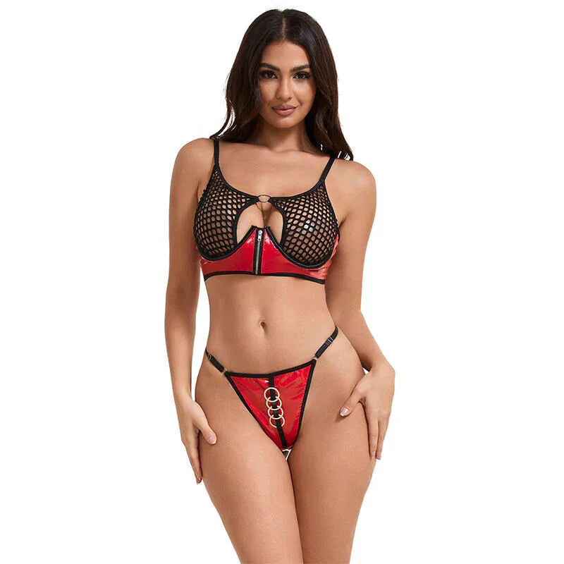 SUBBLIME - 955540 RED PATENT LEATHER MESH ZIPPER BRA SET L/XL - Happytoys Sexshop: online sex shop for Feeling Happy & Easy 😊 - Discreet geleverd