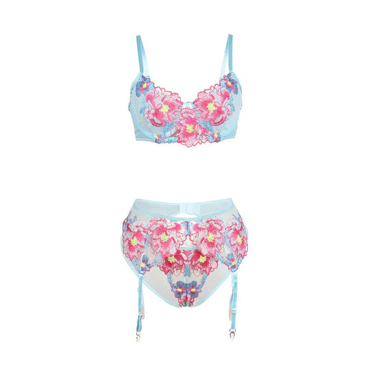SUBBLIME - 957643 FLOWER EMBROIDERED BRA AND GARTER BELT SET PINK S/M - Happytoys Sexshop: online sex shop for Feeling Happy & Easy 😊 - Discreet geleverd