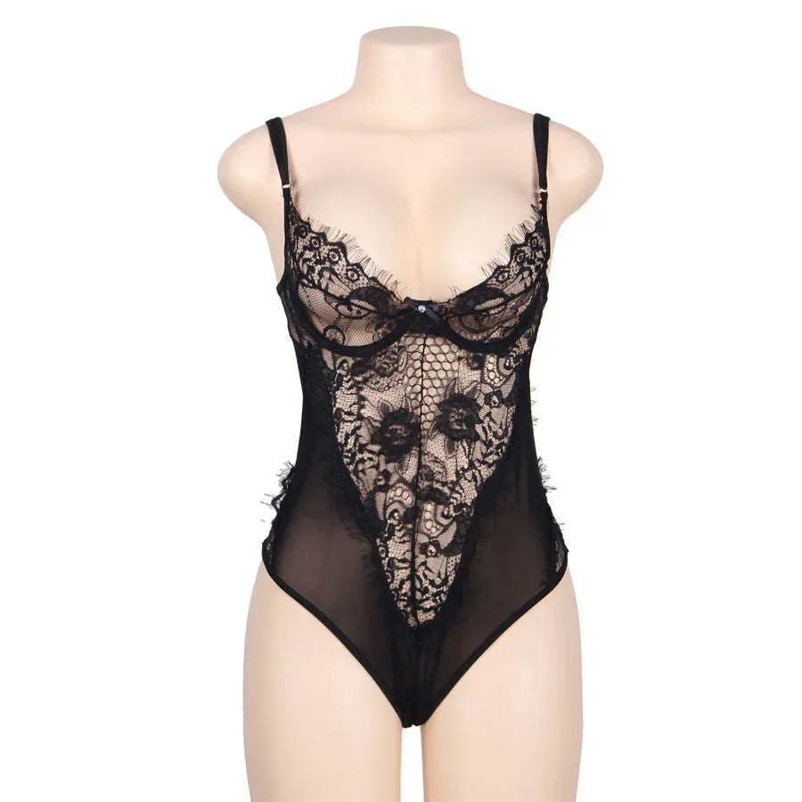 SUBBLIME - QUEEN PLUS FLORAL LACE AND FRINGED BLACK TEDDY - Happytoys Sexshop: online sex shop for Feeling Happy & Easy 😊 - Discreet geleverd